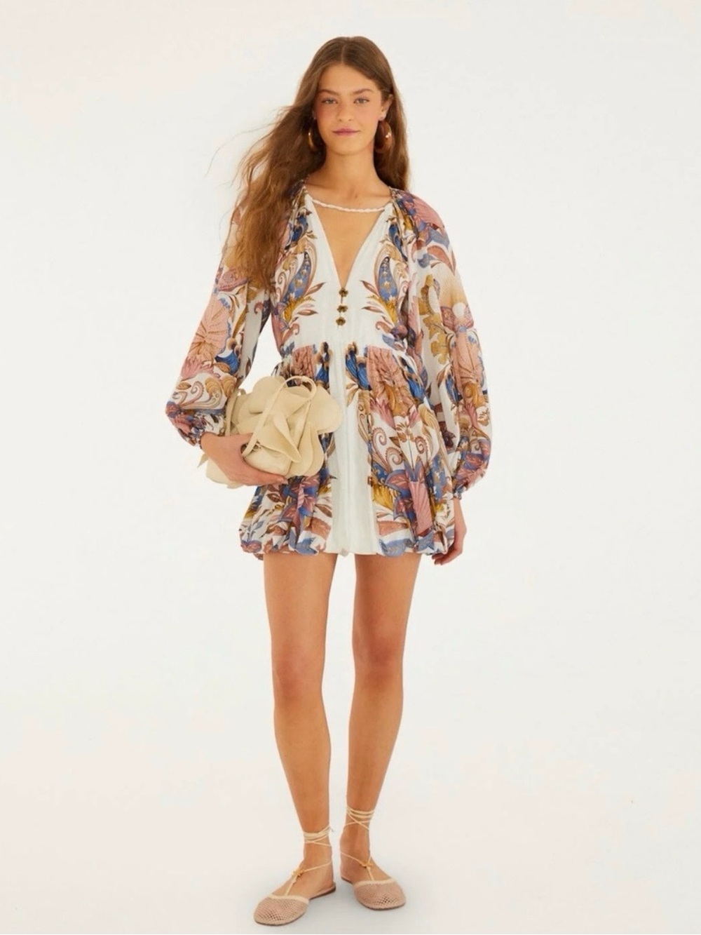 FARM Rio White Mini Dress with Blue, Pink and Tan Paisley Print